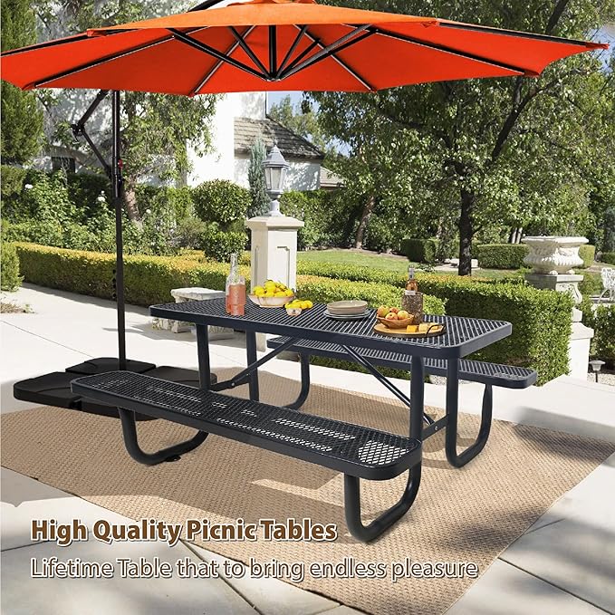 HIMcup 6FT Rectangular Steel Outdoor Picnic Table,Commercial Black Picnic Table Bench Set with Umbrella Hole, Weather-Resistant Heavy Duty School Dining Table for Patio, Garden, Backyard