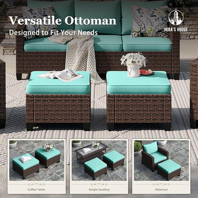 HERA'S HOUSE Patio Wicker Chairs Outdoor Swivel Rocker Chairs Set with Ottomans, 4 Piece Patio Seating Furniture Conversation Sets for Lawn Deck Porch Pool, Brown/Blue