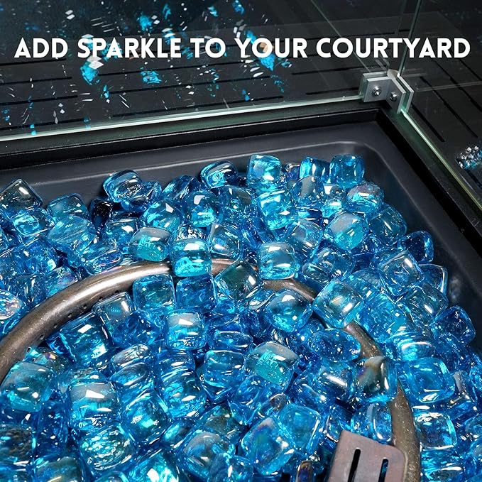 GasSaf Caribbean Blue Fire Glass Cubes for Outdoor Fire Pit, Fireplace, Replaces Existing Gas Logs & Lava Rocks, 1 Inch Glass(20 Pound)(Caribbean Blue Luster)