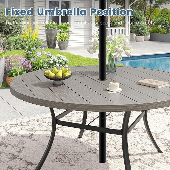 DIFY 60" Round Outdoor Patio Dining Table for 8-10, Metal Patio Table with 1.57" Adjustable Umbrella Hole, All-Weather Dining Furniture Table for Backyard Lawn Garden, Grey Wood-Like