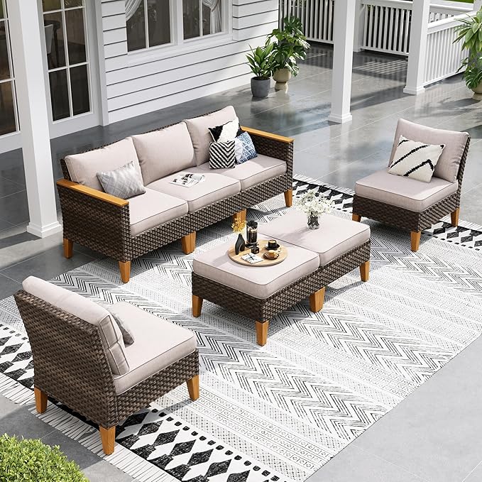 Sophia & William 7 Piece Patio Furniture Sets, Sectional Outdoor Rattan Wicker Sofa, All Weather Patio Conversation Set for Deck Backyard Lawn, Outdoor Couch, Beige