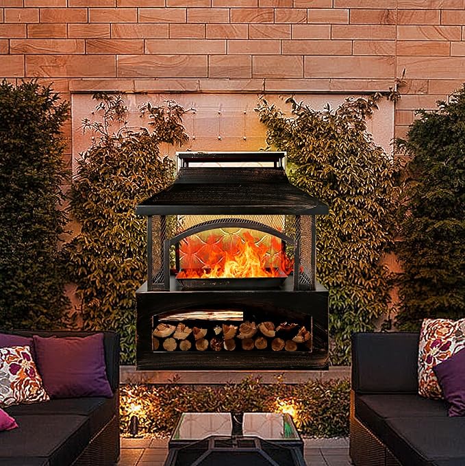 37 Inch Outdoor Fireplace, Wood Burning Fire Pit for Patio with Built-in Log Storage, Steel Rectangular Fire Table with Poker for Camping, Garden, Backyard, Antique Brass