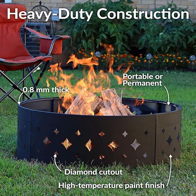 Sunnydaze 36-Inch Outdoor Fire Pit Ring with Poker - Round Heavy-Duty Steel Fire Ring for Camping or Backyard - Diamond - 10" H
