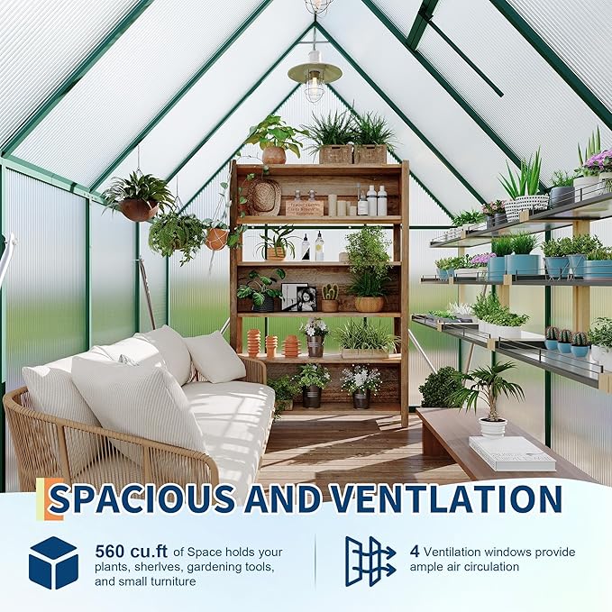 GAOMON 6x7 FT Outdoor Greenhouse with Roof Vent - Heavy Duty Aluminum Polycarbonate Greenhouse, Easy Assembly, Lockable Door, for Patio, Backyard, Garden