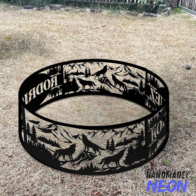 Personalized Wolf Fire Pit Ring Metal Custom Name 360 Degree Cutouts Wilderness Campfire Ring Stove Outdoor BBQs Backyard Camping Garden Decor Gifts Father's Day Campers