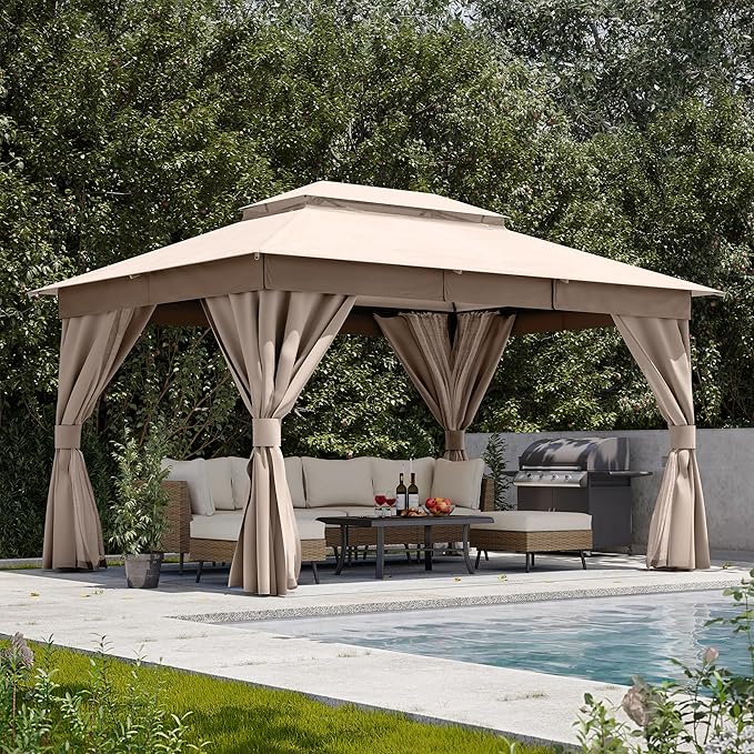 LAUSAINT HOME Gazebo 10x13ft, Heavy Duty Patio Gazebo with Expansion Bolts, Party Canopy Tent with Double Roofs, Mosquito Nettings and Privacy Screens for Backyard, Garden, Lawn, Khaki