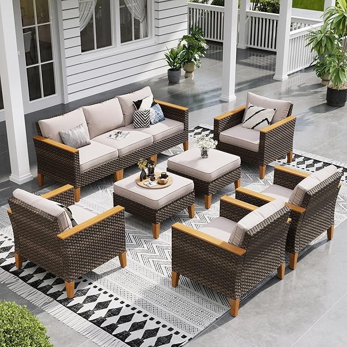 Sophia & William Patio Furniture Sets, 9 Piece Sectional Outdoor Rattan Wicker Sofa, All Weather Patio Conversation Set for Deck Backyard Lawn, Outdoor Couch, Beige