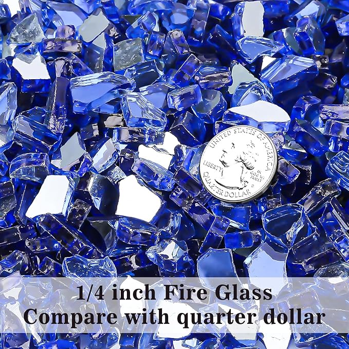 GRISUN Cobalt Blue Fire Glass for Fire Pit, 20 Pounds 1/4 Inch High Luster Reflective Tempered Glass Rocks for Natural or Propane Fireplace, Safe for Outdoors and Indoors Firepit Glass