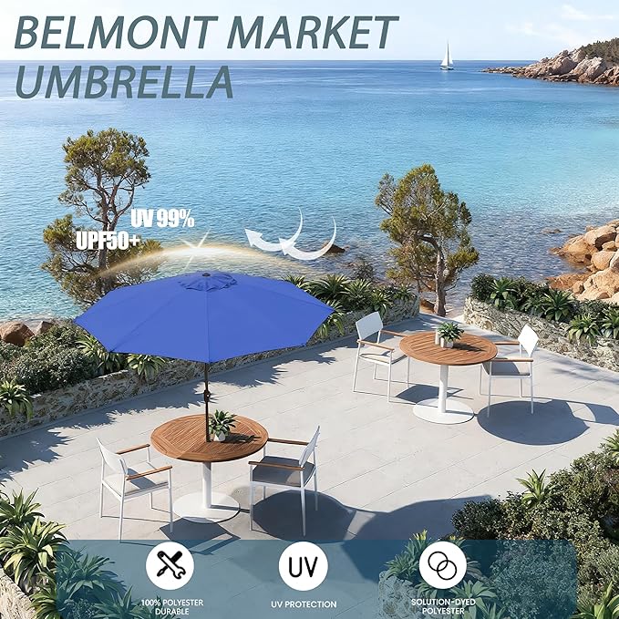 9FT Large Outdoor Patio Umbrella Market Table Umbrella-UV Resistant, Easy Push Button Tilt and Crank, 8 Sturdy Ribs Heavy-Duty Pool Umbrella for Deck,Blue