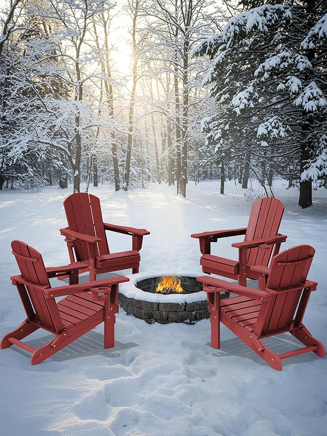 KINGYES Folding Adirondack Chair Set of 8, Dual Cup Holders & All-Weather HDPE, Wood-Like Patio Chair for Backyard, Camping, Pool & Fire Pit, Dark Red