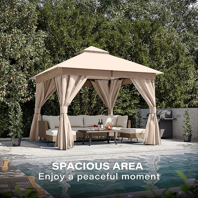LAUSAINT HOME Gazebo 10x10ft, Heavy Duty Patio Gazebo with Expansion Bolts, Party Canopy Tent with Double Roofs, Mosquito Nettings and Privacy Screens for Backyard, Garden, Lawn, Khaki