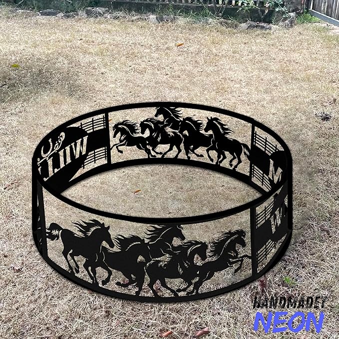 Horses Personalized Fire Pit Ring Racing Horse Custom Name Metal Campfire Ring 360 Degree Firepit Outdoor BBQs Backyard Camping Garden Western Decor Gifts for Father Dads Cowboy