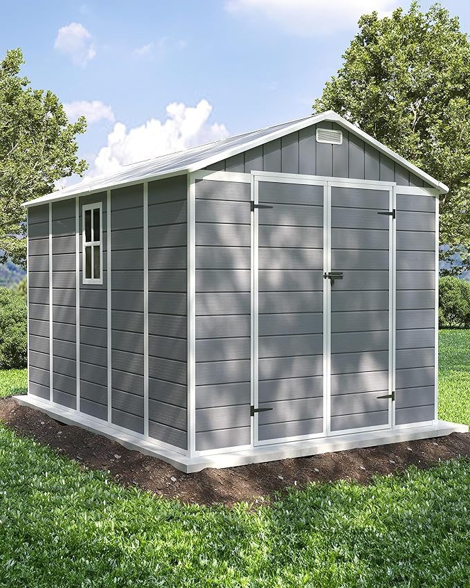 Amopatio 10x8 FT Storage Shed, Resin Shed with Floor Included, Plastic Sheds Outdoor Storage for Bike, Garden Tools, Sheds & Outdoor Storage with Lockable Door, Window & Vents, Grey & White