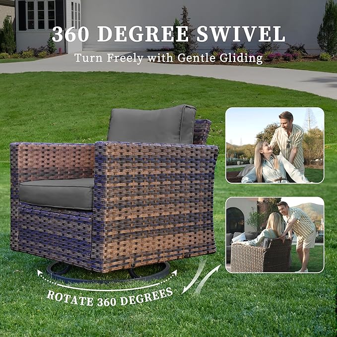 UDPATIO 5 Pieces Patio Furniture Set with Fire Pit Table, Outdoor Furniture Set with Rocking Swivel Chairs, Wicker Patio Set with Waterproof Cover, 4'' Thickened Cushion, Grey