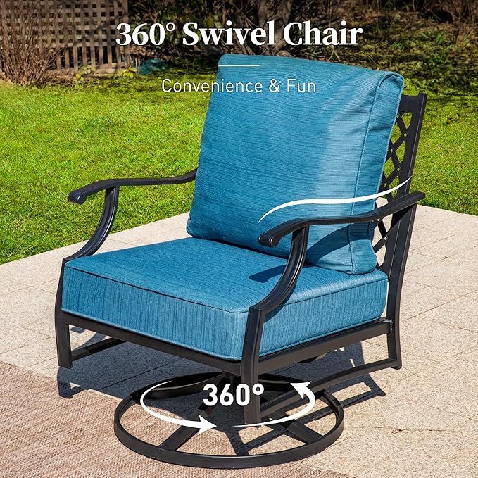 SUNSHINE VALLEY 4 Piece Metal Outdoor Patio Furniture Sets with 5000 BTU Firepit Table, Patio Conversation Sets 3-seater Sofa, 2 Swivel Chair with 5.75" Thick Cushion, Black Backyard Furniture, Blue-2