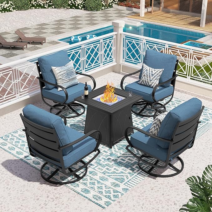 PHI VILLA 5 Piece Patio Furniture Set with 28" Firepit Table, 4 Outdoor 5.75" Cushioned Metal Frame Swivel Sofa Chairs & 28" Gas Firepit Table, Outside Furniture Set for Lawn Garden(Navy Blue)