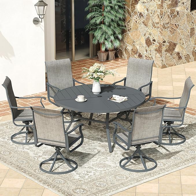VICLLAX Round Patio Dining Table, 6 Person Metal Outdoor Dining Table with Umbrella Hole and Storage Shelf for Garden Lawn Deck, 50" Dark Grey