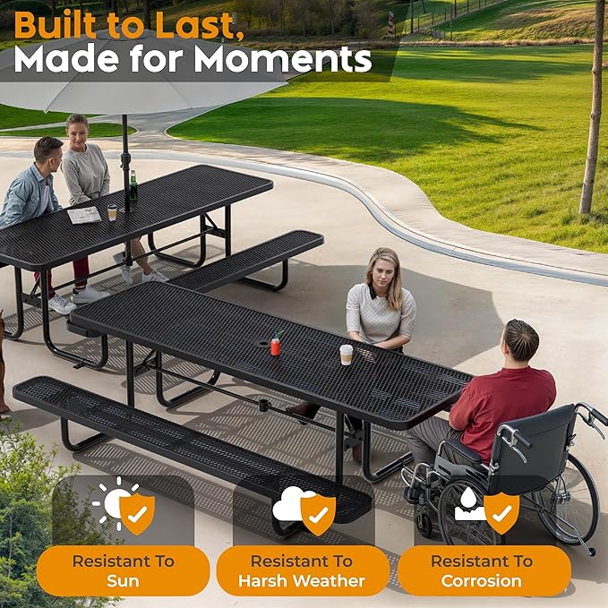 Commercial Heavy-Duty Metal Picnic Table - ADA Compliant, Adjustable Seats, Umbrella Hole, Expanded Metal (Black, 8' Rectangular)
