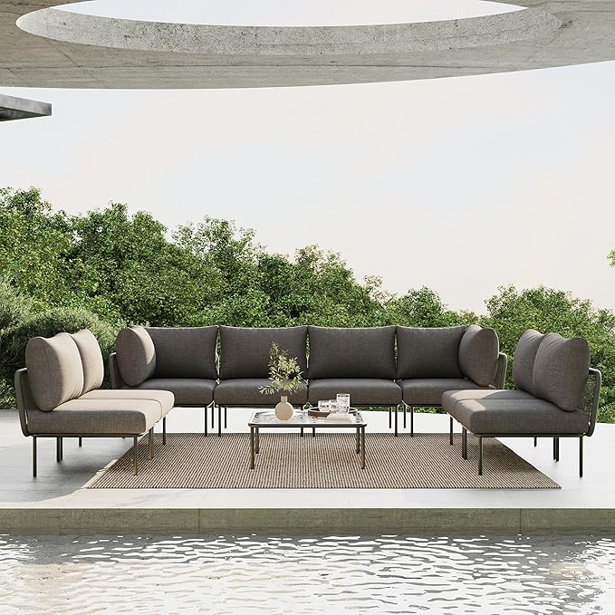 9 Piece Modern Outdoor Rope Wicker Sectional Patio L-Shaped Conversation Sofa Set Deep Seating with Thick Cushions