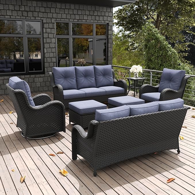 LayinSun 7 Pieces Outdoor Patio Furniture Set, Rattan Wicker Sectional Swivel Rocker Chairs Sets with Ottomans, Swivel Glider Chairs and Coffee Table