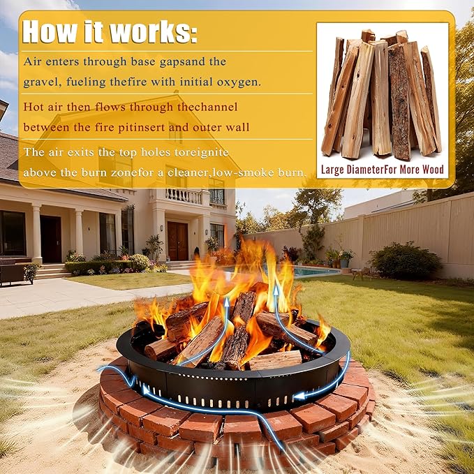 Smokeless Fire Pit Ring Insert - 31 Inch Outdoor Fire Pit Liner with Airflow Design for Efficient Burning, Durable Steel Construction, for Outdoor Camping