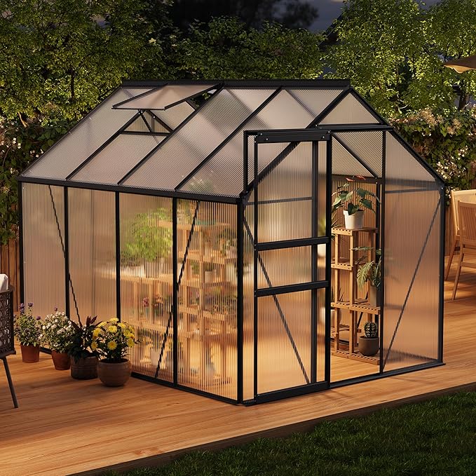 Garvee 6 x 8 FT Outdoor Greenhouse, Polycarbonate Greenhouses with Aluminum Frame, Sliding Door, Adjustable Roof Vent for Backyard, Green Houses for Outside Garden Backyard, Patio, Black