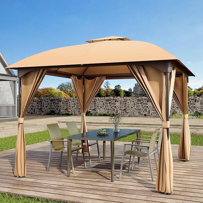 LAUSAINT HOME 10'x10' Patio Curved Gazebo Outdoor Canopy Tent, 2025 Party Tent Shelter with Expansion Bolts and Wind-Resistant Ropes for Patios, Garden, Backyard and Lawn, Khaki