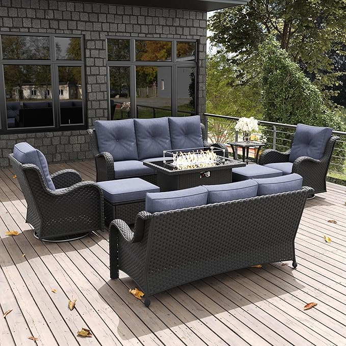 LayinSun 8 Pieces Outdoor Patio Furniture Set with Fire Pit Table, Rattan Wicker Sectional Swivel Rocker Chairs Sets with Ottomans, Swivel Glider Chair and Coffee Table