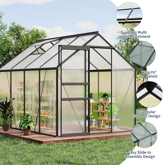 Garvee 6 x 8 FT Outdoor Greenhouse, Polycarbonate Greenhouses with Aluminum Frame, Sliding Door, Adjustable Roof Vent for Backyard, Green Houses for Outside Garden Backyard, Patio, Black