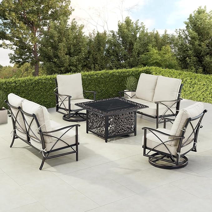 Oakland Living Black Aluminum Patio Fire Table Set with Two Deep Seating Loveseat with Cushions and Two Club Chairs