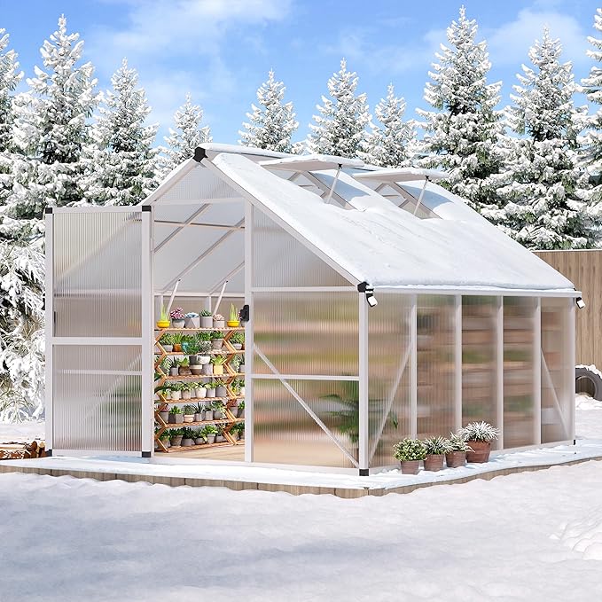 IDEALHOUSE 8X10 FT Greenhouse for Outdoors, Lockable Door and Ajustable Roof Vent, Polycarbonate Greenhouse with Water Gutter System, Aluminum Walk-in Greenhouses, for Backyard, Lawn