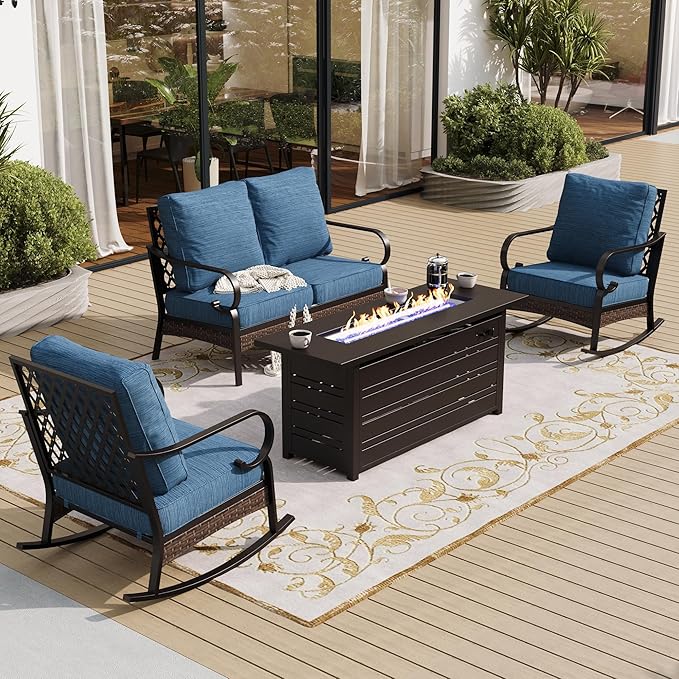 SUNSHINE VALLEY 4 Piece Metal Outdoor Patio Furniture Sets with Firepit Table, Patio Conversation Sets 1 2-Seater Sofa, 2 Rocking Sofa with 5.75" Cushion Black Backyard Furniture for Deck, Blue-2