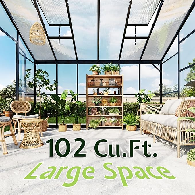 AMERLIFE 12x10x8 FT Hybrid Polycarbonate Greenhouse, Quick-Connect Aluminum Frame with Dual Roof Vents & Double Doors, Walk-in Outdoor Garden Greenhouse with Gutters, Black