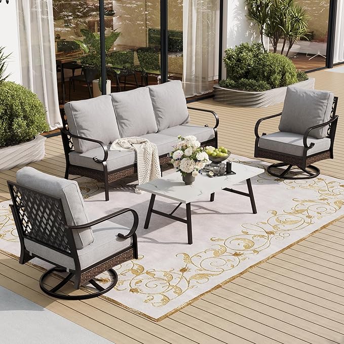 SUNSHINE VALLEY 4 PCS Metal Outdoor Patio Furniture Set, Patio Conversation Sets 1 3-Seater Sofa, 2 Swivel Chairs with 5.75" Extra Thick Cushion & Coffee Table, Black Backyard Furniture, Light Gray