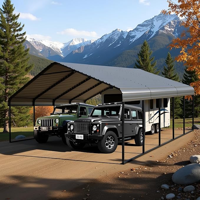20x20 ft Metal Carport & Portable Garage, Heavy Duty with Galvanized Steel Roof & Frame - Large Tall Carports Canopy for Snow, Grey for Outdoor Garages