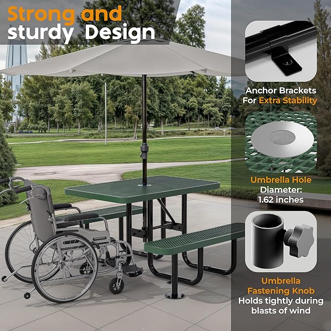 Commercial Heavy-Duty Metal Picnic Table - ADA Compliant, Adjustable Seats, Umbrella Hole, Expanded Metal (Green, 4' Rectangular)