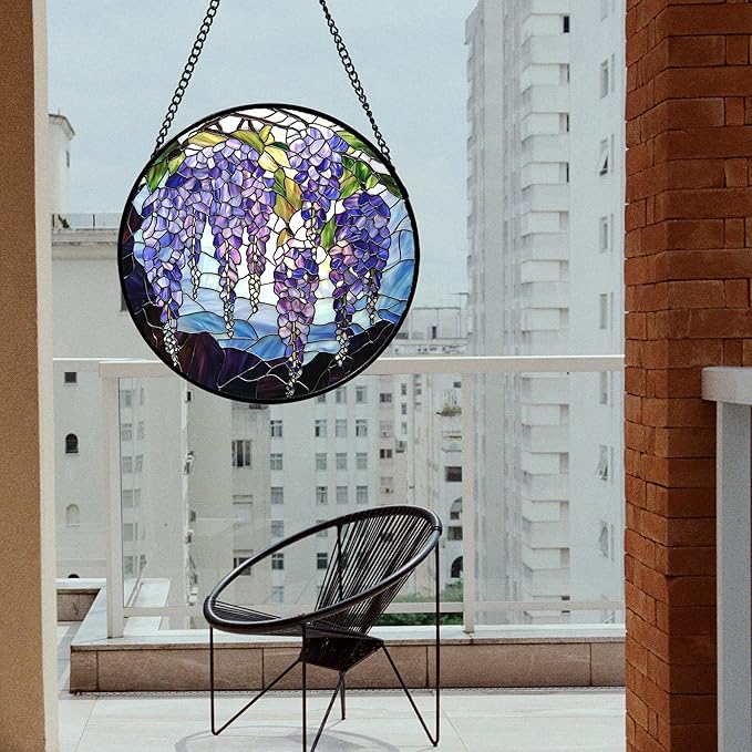 DASTOLL Stained Glass Window Hanging, Purple Wisteria Flowers Suncatcher for Doors Window Home Plant Sun Catchers Decoration Mother's Day Birthday Gifts for Women, Men, and Mom 9.8x9.8 in