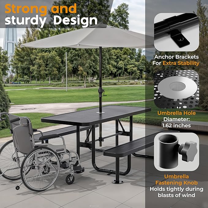 OUTTANS Commercial Heavy-Duty Metal Picnic Table - ADA Compliant, Adjustable Seats, Umbrella Hole (Black, 6' Rectangular, Punched Steel)