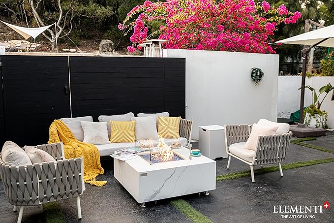 Elementi+ | Bundle Bianco Gas Fire Pit | Marble Porcelain & Metal Frame | 40" Square Fire Table | Electronic Ignition | Canvas Cover, Fire Glass & Burner Lid Included | White | Propane Gas