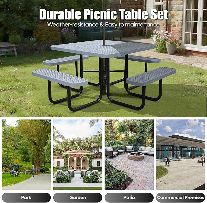8-Person Outdoor Picnic Tables,46" Heavy-Duty Metal Square Picnic Table,Expanded Metal Commercial-Grade Table with 4 Benches & Umbrella Hole,Waterproof Coating Beach Table for Patio,Garden, Backyard