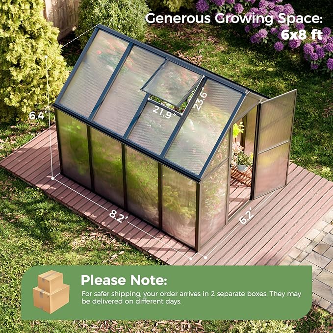 6'x8' Snap-Together Greenhouse - Easy 3-Way Connectors, Heavy-Duty Aluminum Frame, Wind/Snow Resistant for Gardening/Urban Farming, Includes Sliding Door and Ventilation Windows