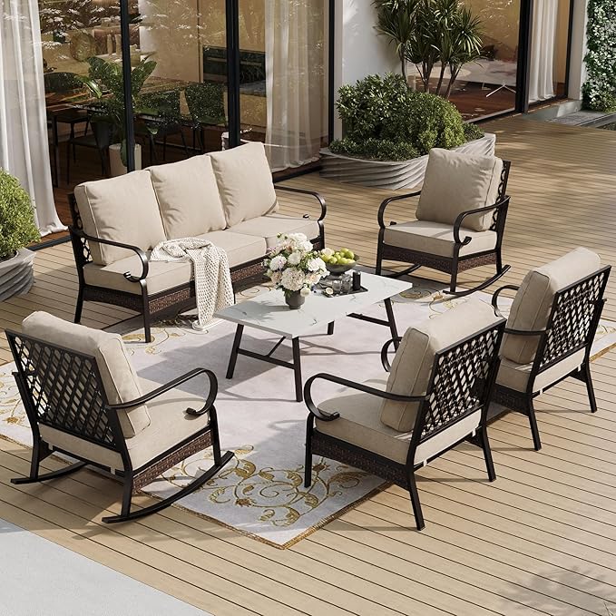 SUNSHINE VALLEY 6 Piece Metal Outdoor Patio Furniture Set, Patio Conversation Set 1 3-Seater Sofa, 2 Fixed Sofa, 2 Rocking Sofa with 5.75" Thick Cushion & Coffee Table Black Backyard Furniture, Beige