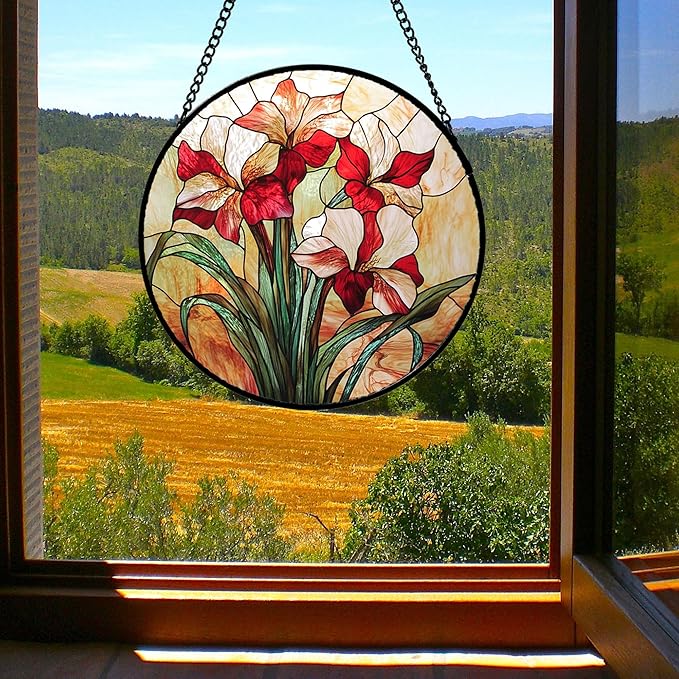 CRISGIF Stained Glass Window Hanging - Red Gladiolus Flower Suncatcher for Door Yard Sun Catchers Decor Christmas Mother's Day Birthday Gifts for Lovers Women Mom Nana Girlfriend Wife 15 in