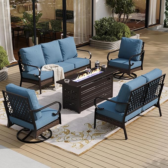 SUNSHINE VALLEY 5 Piece Metal Outdoor Patio Furniture Sets with Firepit Table, Patio Conversation Sets 1 3-Seater Sofa, 1 Loveseat, 2 Swivel Chair with 5.75" Cushion for Backyard Deck, Denim Blue