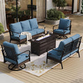 SUNSHINE VALLEY 5 Piece Metal Outdoor Patio Furniture Sets with Firepit Table, Patio Conversation Sets 1 3-Seater Sofa, 1 Loveseat, 2 Swivel Chair with 5.75" Cushion for Backyard Deck, Denim Blue