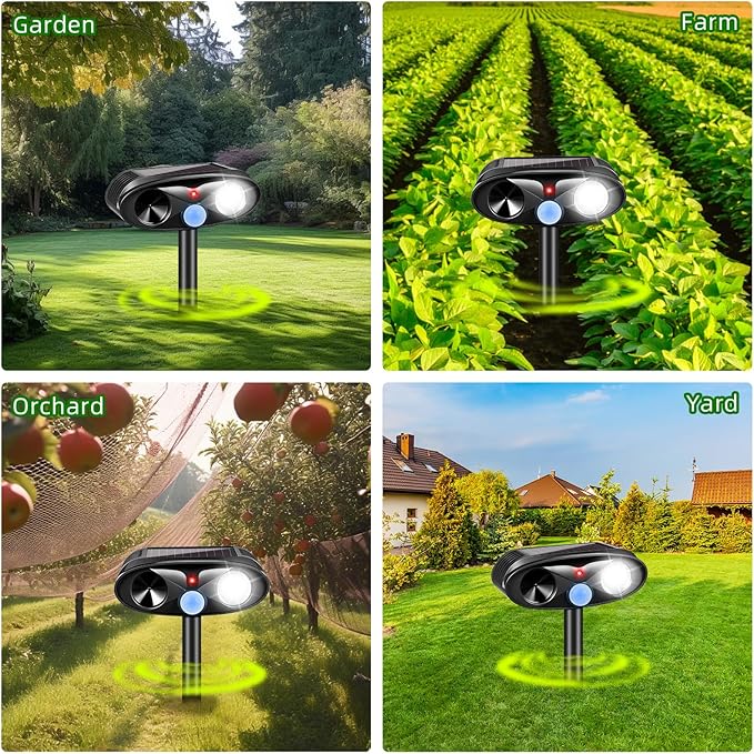 Upgraded Solar Animal Repellent Outdoor Deer Repellent Devices with Motion Sensor & Flashing Light,Ultrasonic Deterrent Control for Cat Squirrel Raccoon Dog Rabbit Skunk for Yard Garden,4 Pack Black