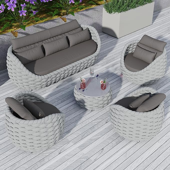 TWT 6-Piece Aluminum Patio Furniture Set, Modern Outdoor Conversation Set Sectional Sofa with Water Repellent Thick Cushions and Coffee Table for Balcony, Garden