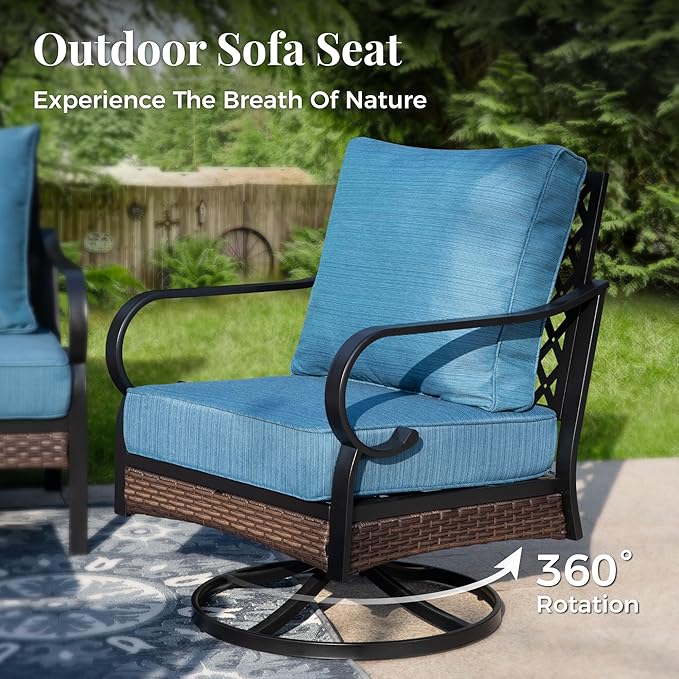 Patio Furniture Set with Coffee Table, Outdoor Conversation Set with 2 x Swivel Chairs, 1 x 3-Seat Sofa for Lawn Garden Backyard, Pacific Blue