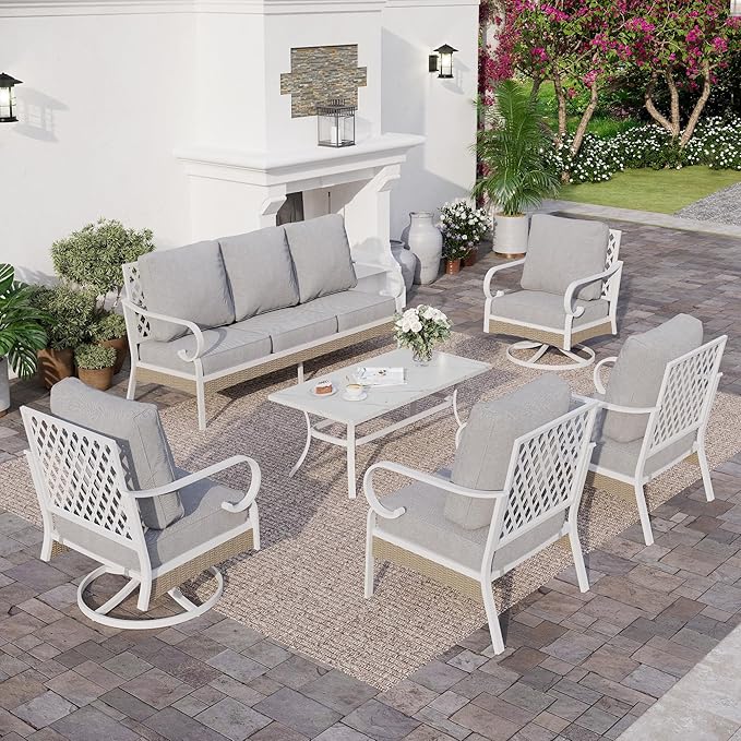 SUNSHINE VALLEY 6 Piece Metal Outdoor Patio Furniture Set, Patio Conversation Set 1 3-Seater Couch, 2 Fixed Sofa, 2 Swivel Sofa with 5.75" Thick Cushion and Coffee Table White Backyard Furniture, Gray
