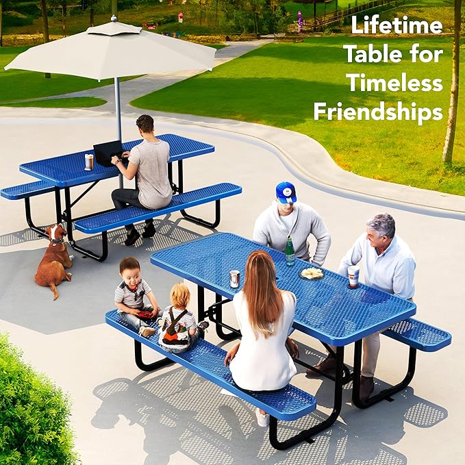 Commercial Heavy-Duty Metal Picnic Table - ADA Compliant, Adjustable Seats, Umbrella Hole, Expanded Metal (Blue, 6' Rectangular)